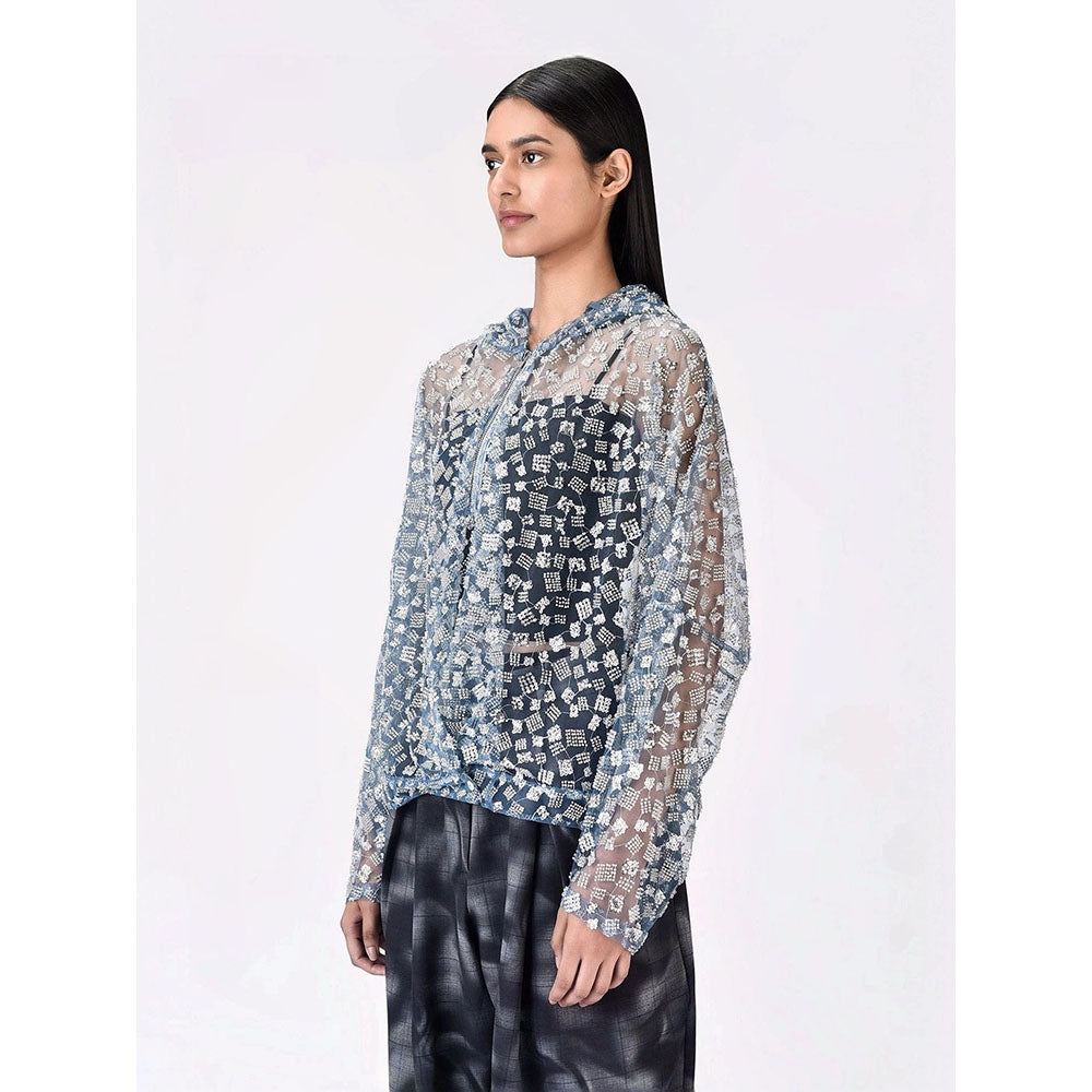 Genes Lecoanet Hemant Women Blue Cotton Self Design Open Front Hoodies Jacket