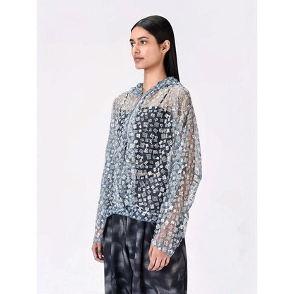 Genes Lecoanet Hemant Women Blue Cotton Self Design Open Front Hoodies Jacket