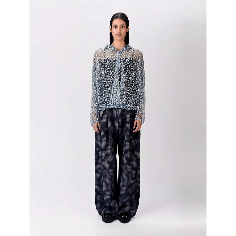 Genes Lecoanet Hemant Women Blue Cotton Self Design Open Front Hoodies Jacket