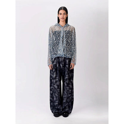 Genes Lecoanet Hemant Women Blue Cotton Self Design Open Front Hoodies Jacket