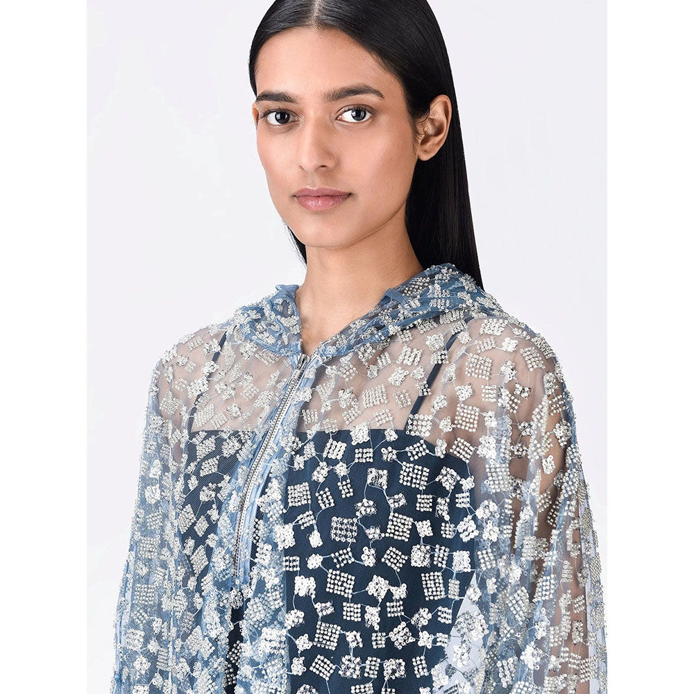 Genes Lecoanet Hemant Women Blue Cotton Self Design Open Front Hoodies Jacket