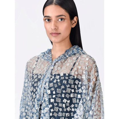 Genes Lecoanet Hemant Women Blue Cotton Self Design Open Front Hoodies Jacket