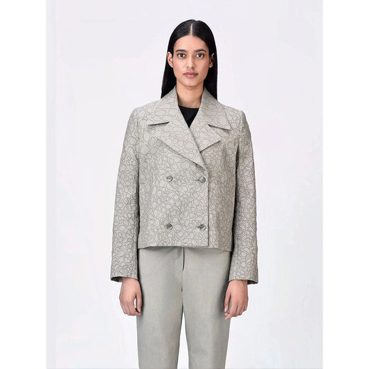 Genes Lecoanet Hemant Women Grey Cotton Notched Lapel Printed Blazer