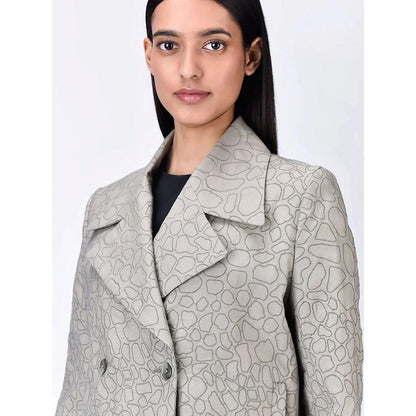 Genes Lecoanet Hemant Women Grey Cotton Notched Lapel Printed Blazer