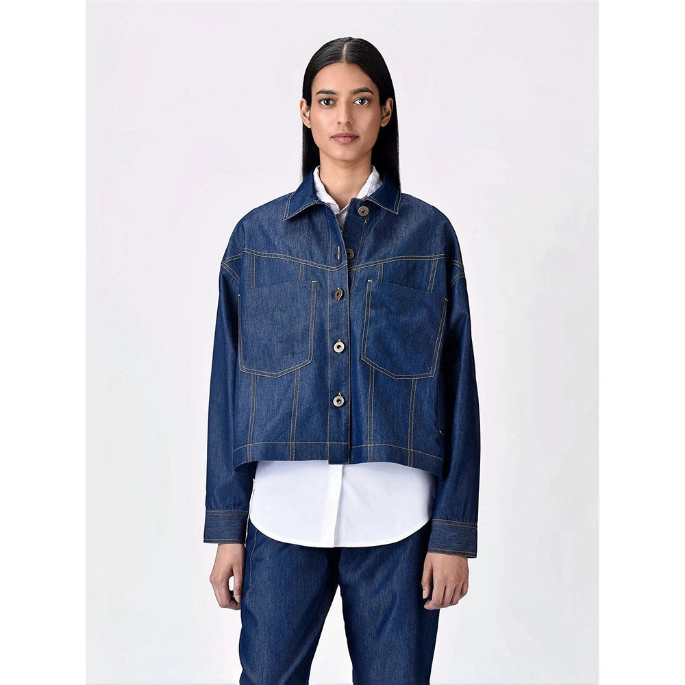 Genes Lecoanet Hemant Women Navy Blue Open Front Denim Jacket