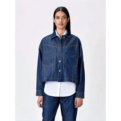 Genes Lecoanet Hemant Women Navy Blue Open Front Denim Jacket