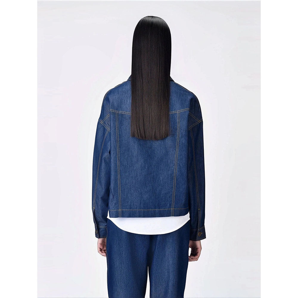 Genes Lecoanet Hemant Women Navy Blue Open Front Denim Jacket
