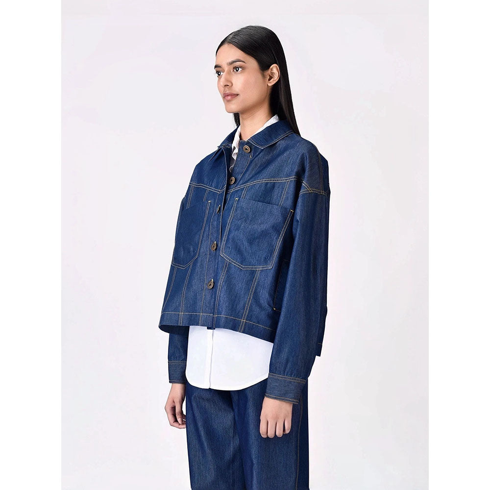 Genes Lecoanet Hemant Women Navy Blue Open Front Denim Jacket