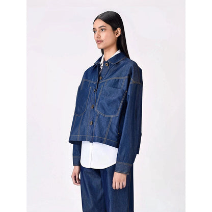 Genes Lecoanet Hemant Women Navy Blue Open Front Denim Jacket
