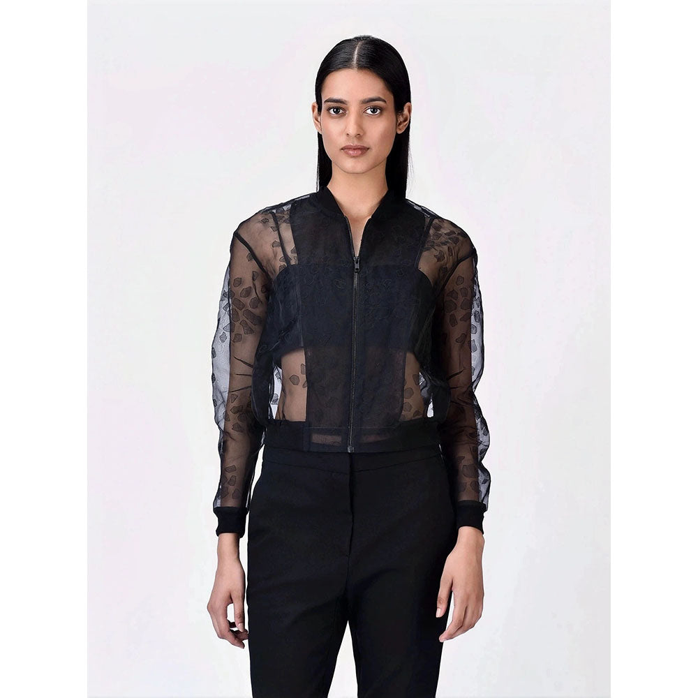 Genes Lecoanet Hemant Women Black Self Design Open Front Cropped Jacket