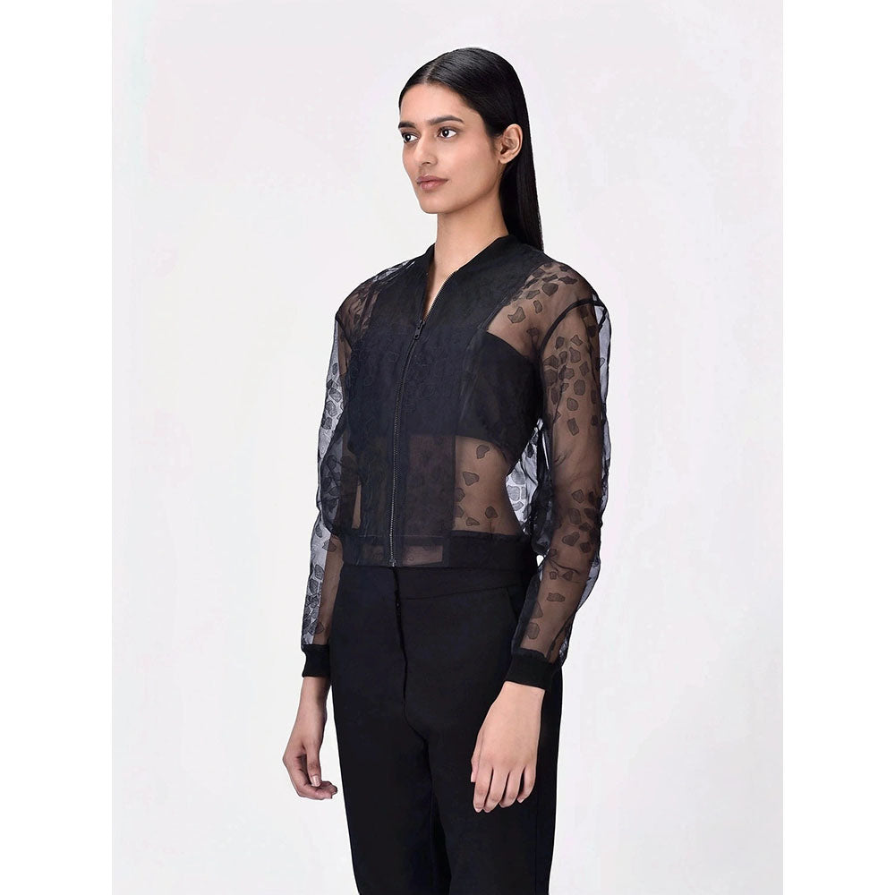 Genes Lecoanet Hemant Women Black Self Design Open Front Cropped Jacket