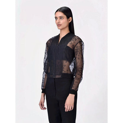 Genes Lecoanet Hemant Women Black Self Design Open Front Cropped Jacket