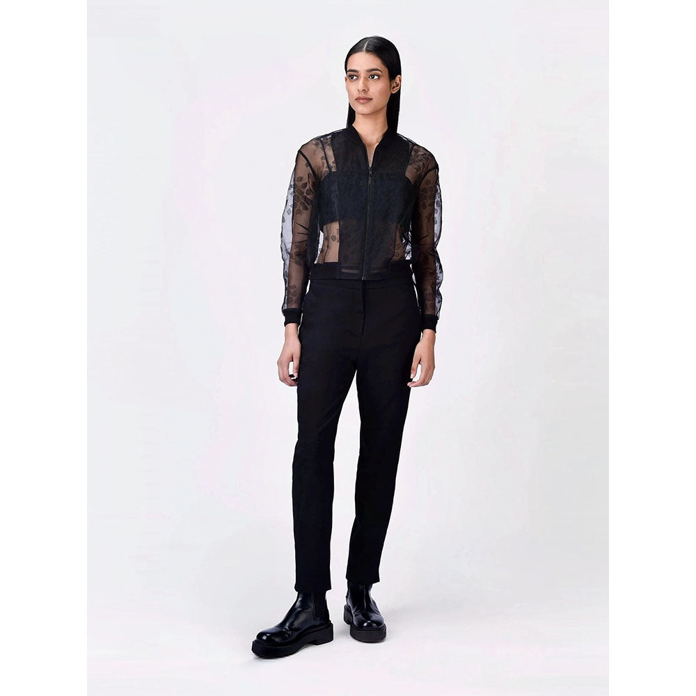 Genes Lecoanet Hemant Women Black Self Design Open Front Cropped Jacket