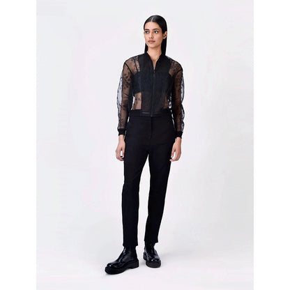 Genes Lecoanet Hemant Women Black Self Design Open Front Cropped Jacket
