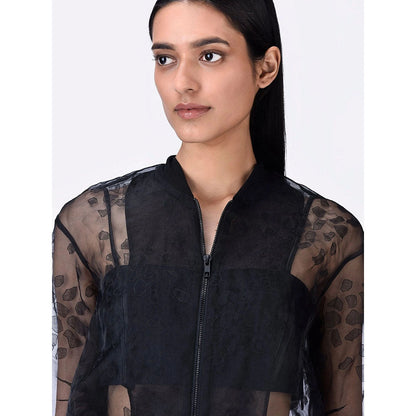 Genes Lecoanet Hemant Women Black Self Design Open Front Cropped Jacket