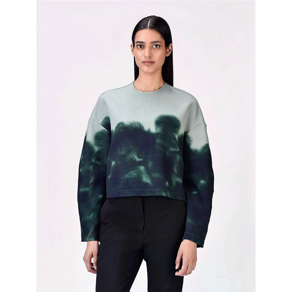 Genes Lecoanet Hemant Women Grey Polyester Crepe Round Neck Graphic Printed Cropped Sweatshirt