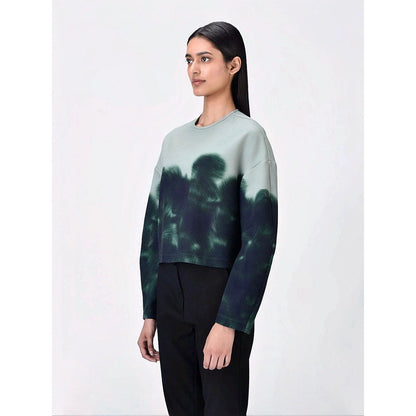 Genes Lecoanet Hemant Women Grey Polyester Crepe Round Neck Graphic Printed Cropped Sweatshirt