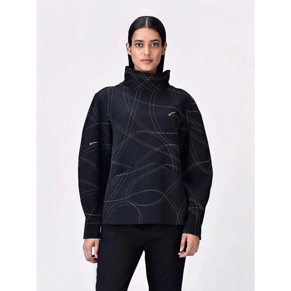 Genes Lecoanet Hemant Women Black Polyester High Neck Printed Regular Sweatshirt