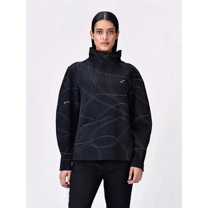 Genes Lecoanet Hemant Women Black Polyester High Neck Printed Regular Sweatshirt