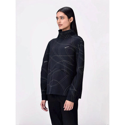 Genes Lecoanet Hemant Women Black Polyester High Neck Printed Regular Sweatshirt