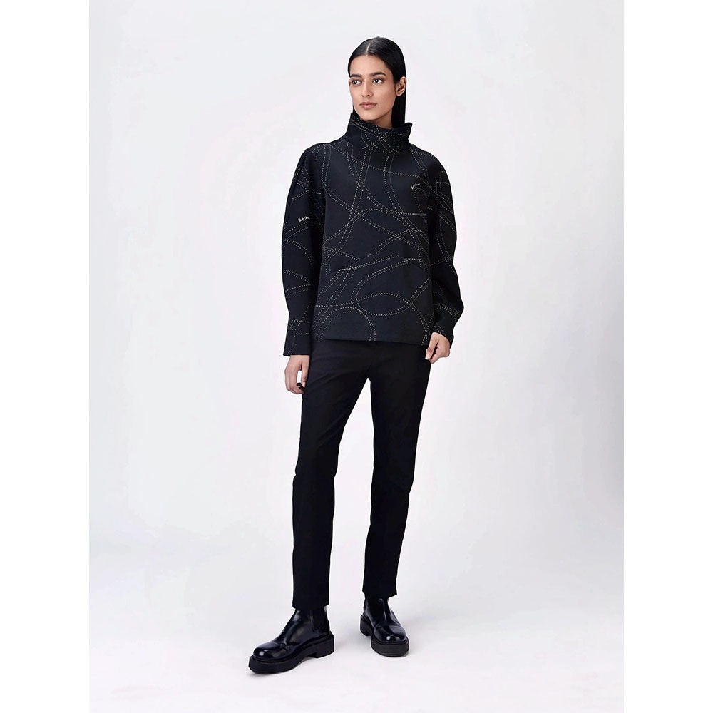 Genes Lecoanet Hemant Women Black Polyester High Neck Printed Regular Sweatshirt