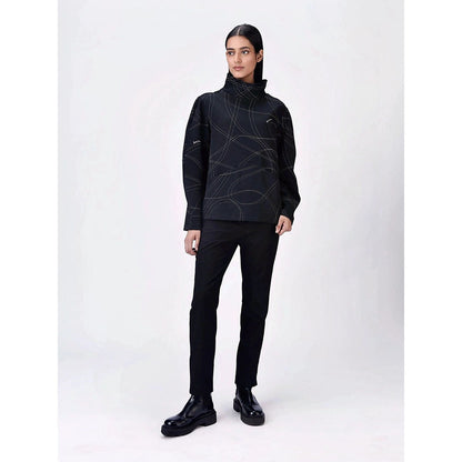 Genes Lecoanet Hemant Women Black Polyester High Neck Printed Regular Sweatshirt