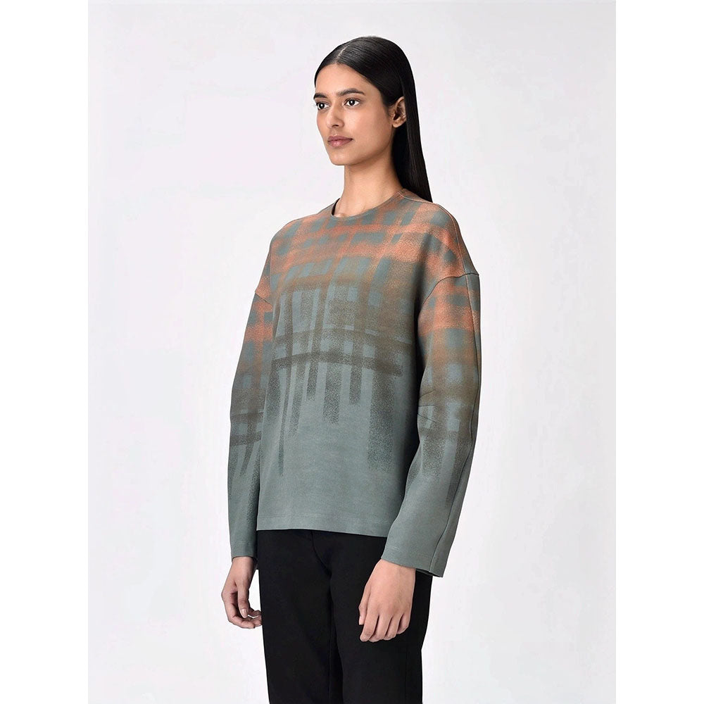 Genes Lecoanet Hemant Women Grey Polyester Crepe Round Neck Checked Regular Pullover Sweatshirt