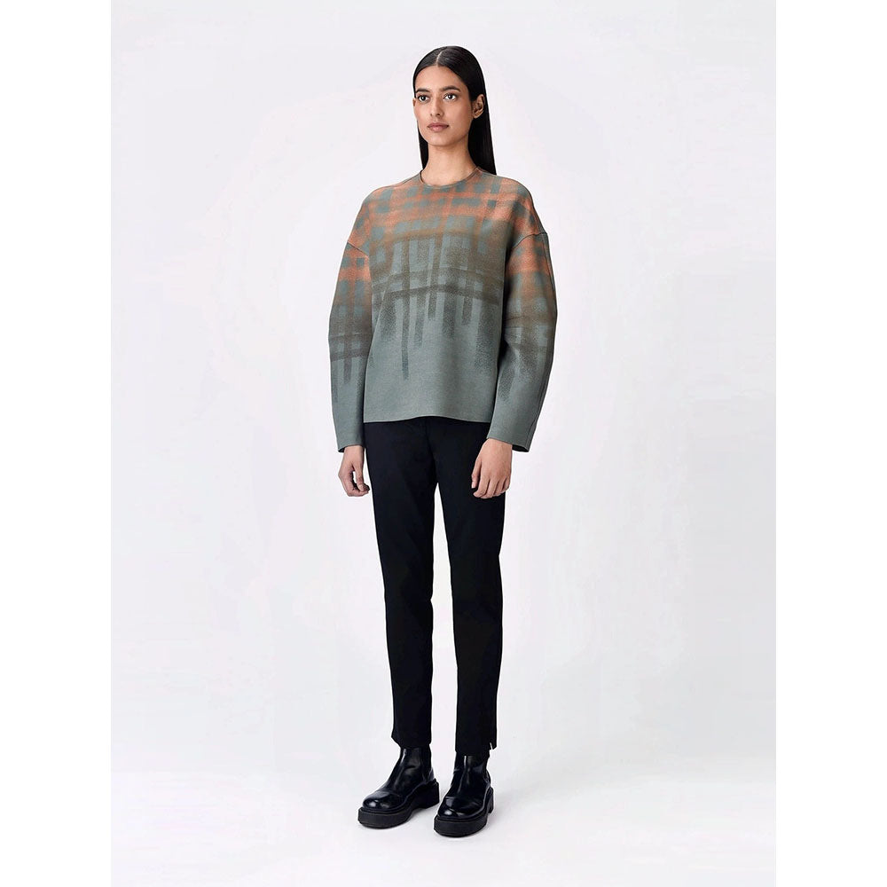 Genes Lecoanet Hemant Women Grey Polyester Crepe Round Neck Checked Regular Pullover Sweatshirt