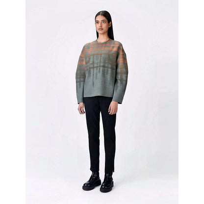 Genes Lecoanet Hemant Women Grey Polyester Crepe Round Neck Checked Regular Pullover Sweatshirt
