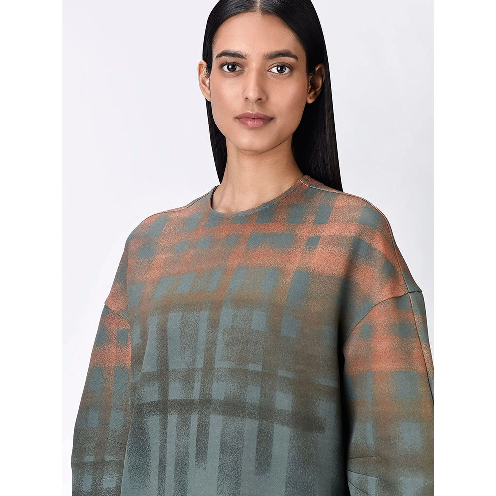 Genes Lecoanet Hemant Women Grey Polyester Crepe Round Neck Checked Regular Pullover Sweatshirt