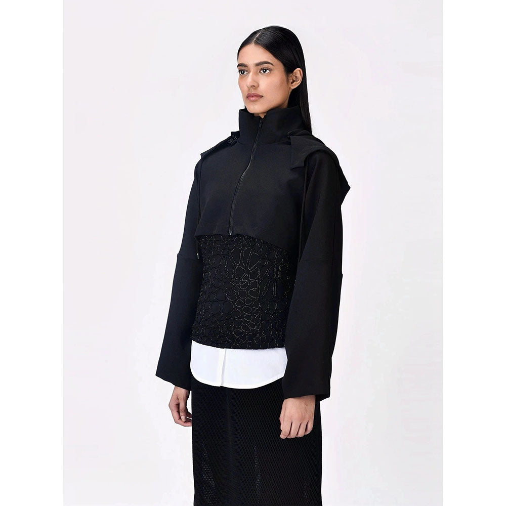 Genes Lecoanet Hemant Women Black Polyester Crepe Solid Regular Hoodie