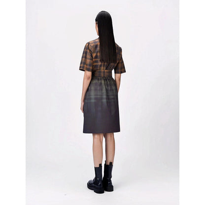 Genes Lecoanet Hemant Women Collar Neck Checks Print Dress with Belt (Set of 2)