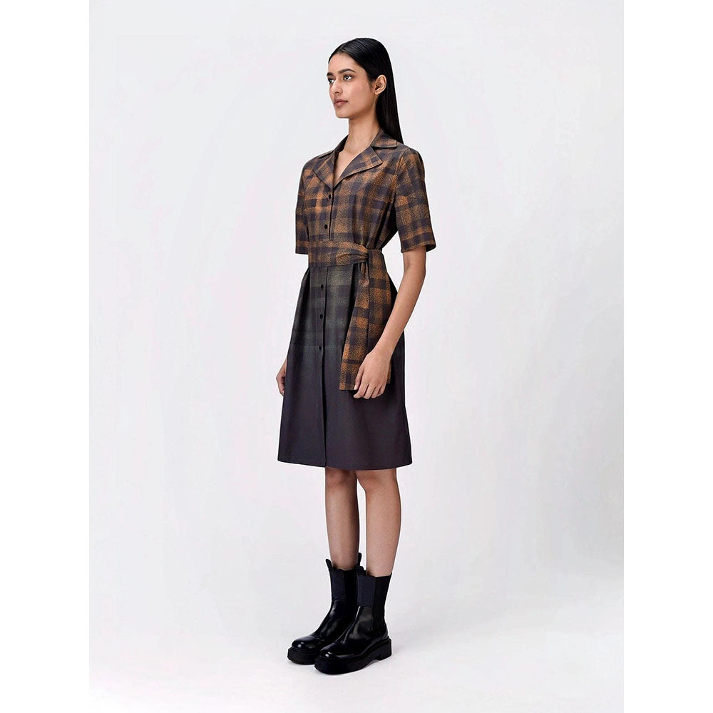 Genes Lecoanet Hemant Women Collar Neck Checks Print Dress with Belt (Set of 2)