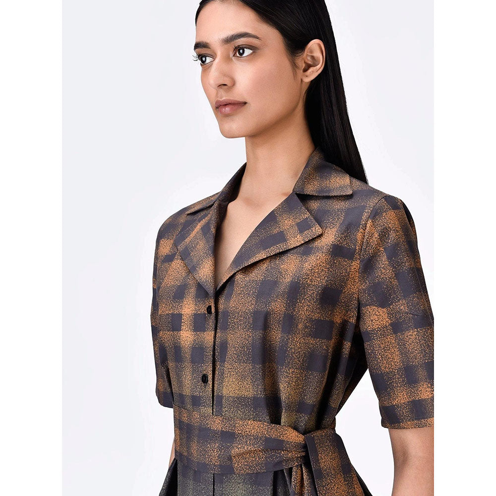 Genes Lecoanet Hemant Women Collar Neck Checks Print Dress with Belt (Set of 2)