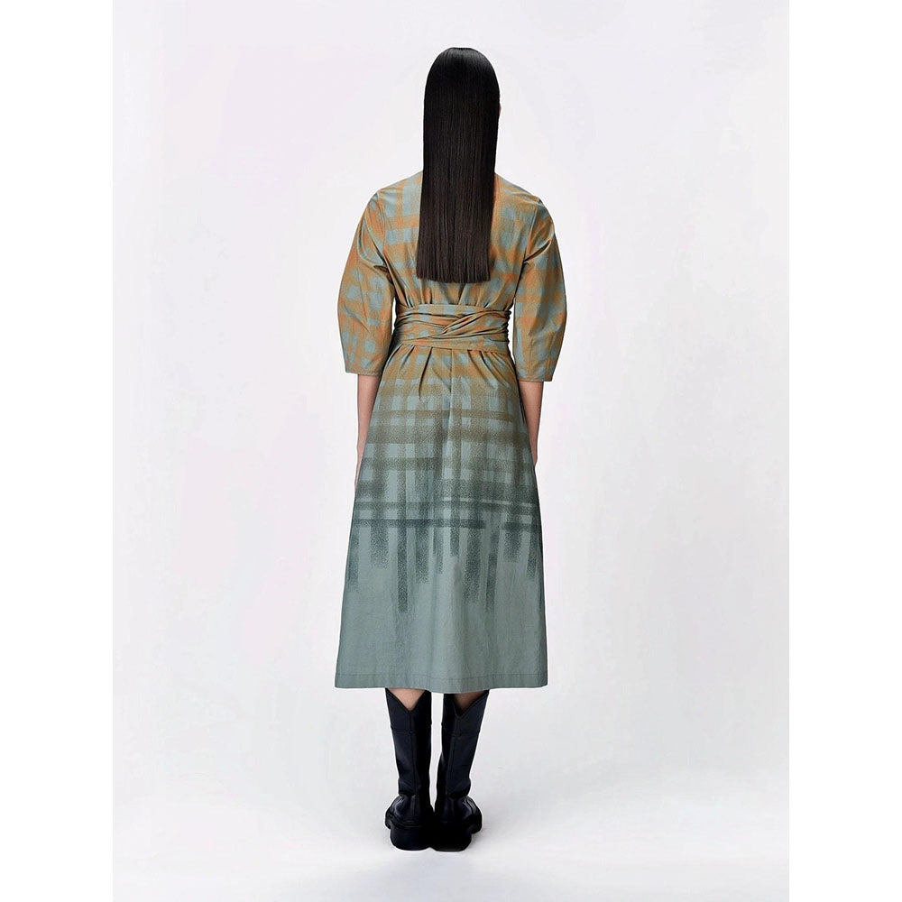 Genes Lecoanet Hemant Women Cotton Collar Neck Checked Print A-Line Dress with Belt (Set of 2)