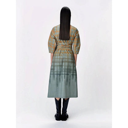 Genes Lecoanet Hemant Women Cotton Collar Neck Checked Print A-Line Dress with Belt (Set of 2)