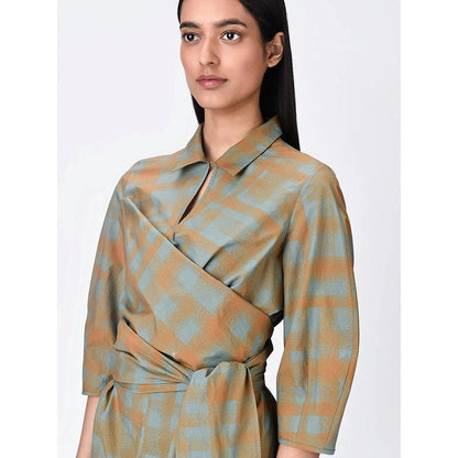 Genes Lecoanet Hemant Women Cotton Collar Neck Checked Print A-Line Dress with Belt (Set of 2)