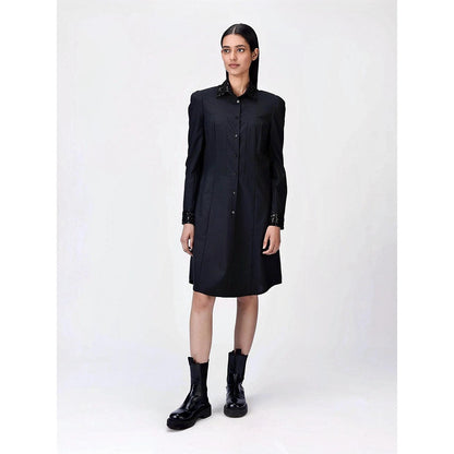 Genes Lecoanet Hemant Women Wool Blend Collar Neck Embellished Shirt Dress