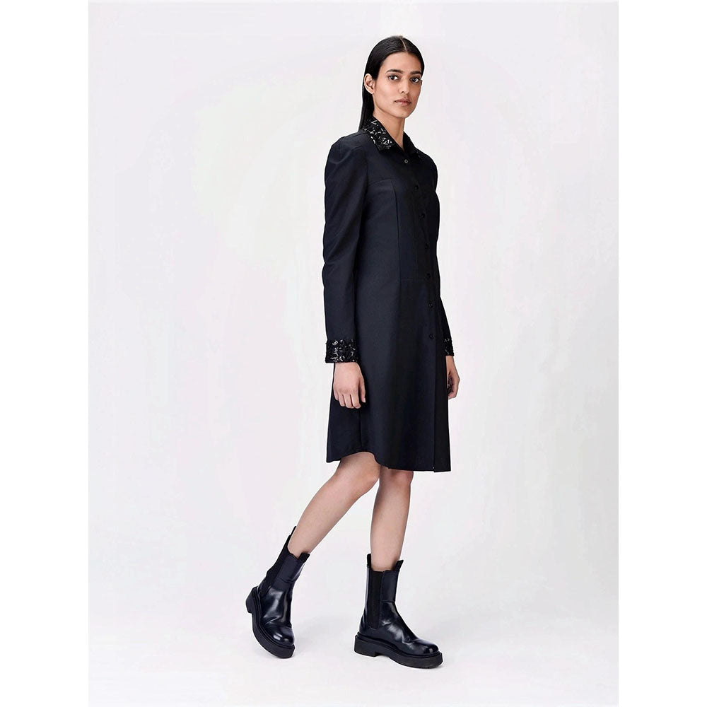 Genes Lecoanet Hemant Women Wool Blend Collar Neck Embellished Shirt Dress