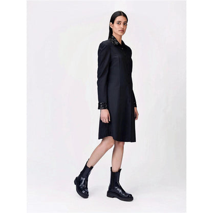 Genes Lecoanet Hemant Women Wool Blend Collar Neck Embellished Shirt Dress