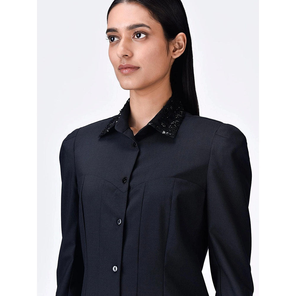 Genes Lecoanet Hemant Women Wool Blend Collar Neck Embellished Shirt Dress