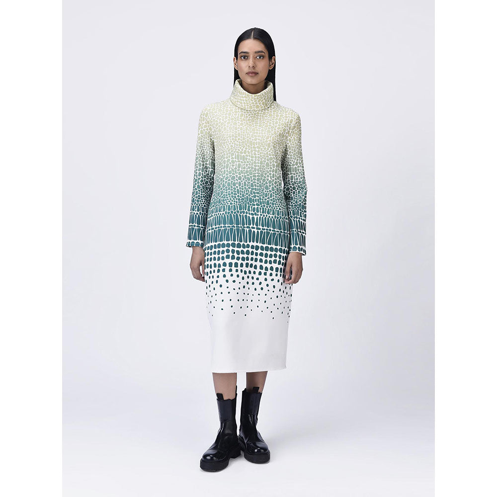 Genes Lecoanet Hemant Women's Teal Turtle Neck Printed A-Line Dress
