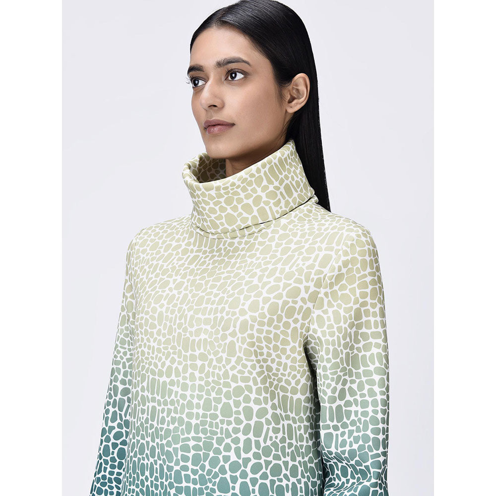 Genes Lecoanet Hemant Women's Teal Turtle Neck Printed A-Line Dress
