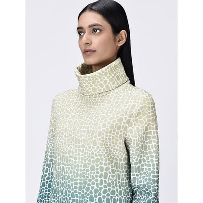 Genes Lecoanet Hemant Women's Teal Turtle Neck Printed A-Line Dress