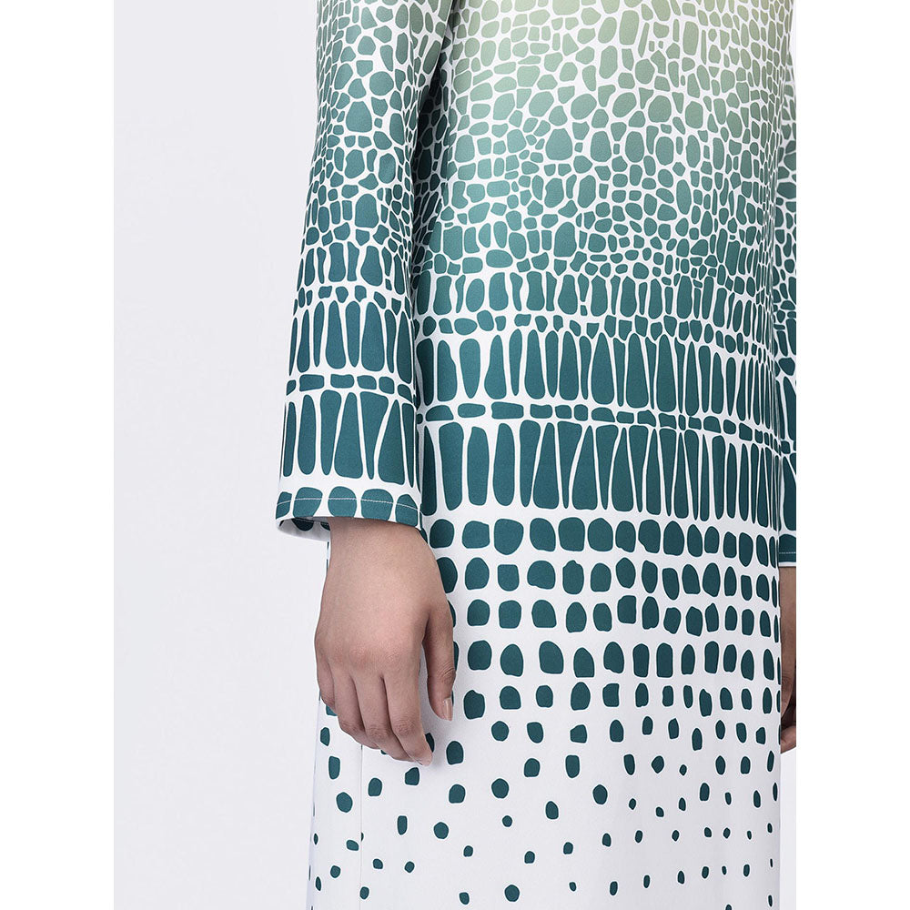 Genes Lecoanet Hemant Women's Teal Turtle Neck Printed A-Line Dress