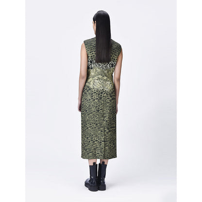 Genes Lecoanet Hemant Women's Green Sleeveless Textured A-Line Dress