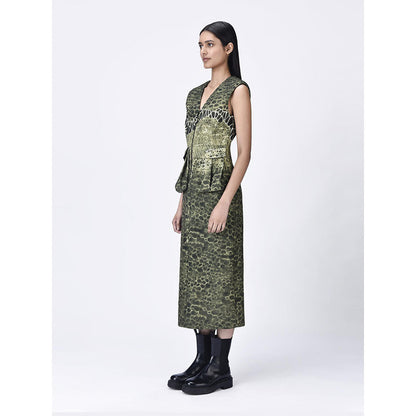 Genes Lecoanet Hemant Women's Green Sleeveless Textured A-Line Dress