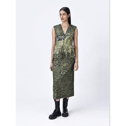 Genes Lecoanet Hemant Women's Green Sleeveless Textured A-Line Dress