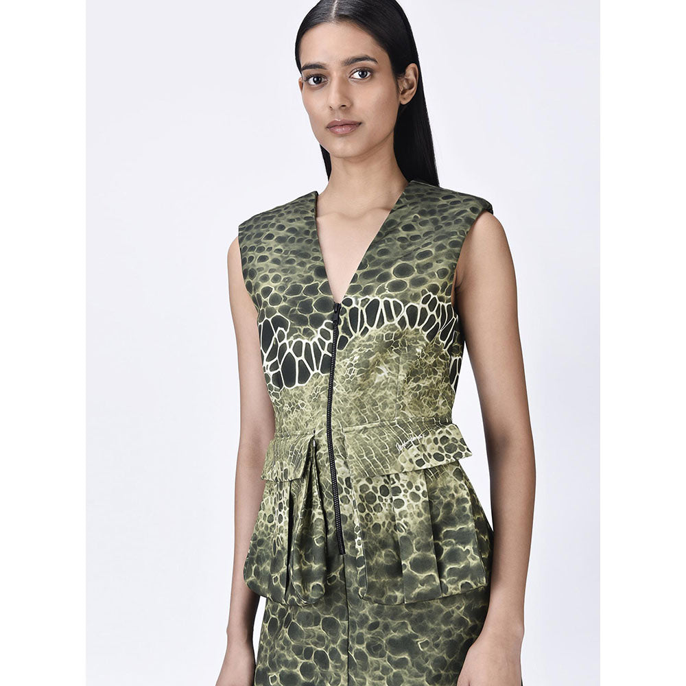 Genes Lecoanet Hemant Women's Green Sleeveless Textured A-Line Dress