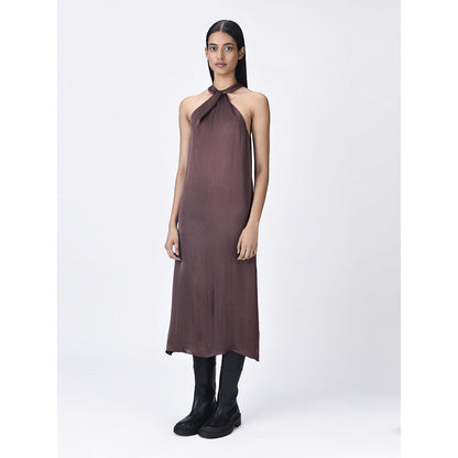 Genes Lecoanet Hemant Women's Halter Neck Brown A-Line Dress